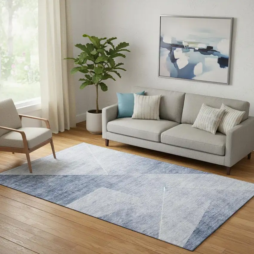 Blue And Ivory Geometric Washable Area Rug With UV Protection Photo 1