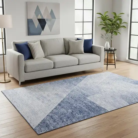 Blue And Ivory Geometric Washable Area Rug With UV Protection Photo 2