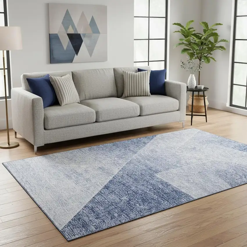 Blue And Ivory Geometric Washable Area Rug With UV Protection Photo 2