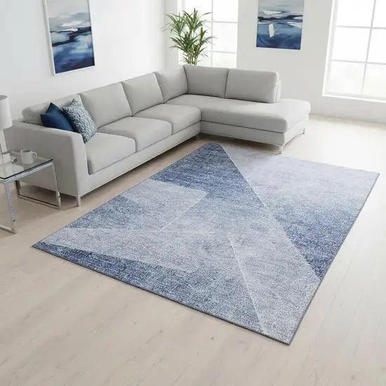 Blue And Ivory Geometric Washable Area Rug With UV Protection Photo 2