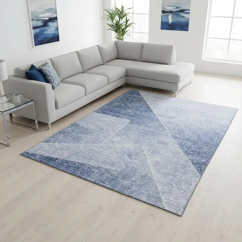 Blue And Ivory Geometric Washable Area Rug With UV Protection Photo 2