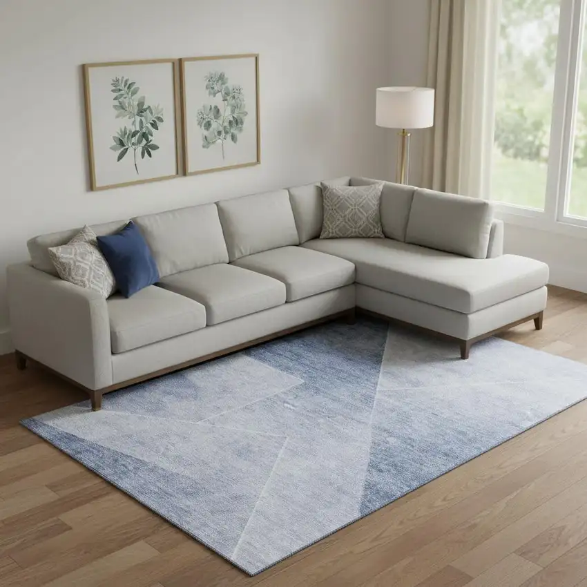 Blue And Ivory Geometric Washable Area Rug With UV Protection Photo 1