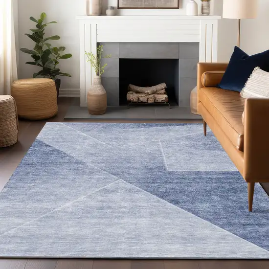 Blue And Ivory Geometric Washable Area Rug With UV Protection Photo 6