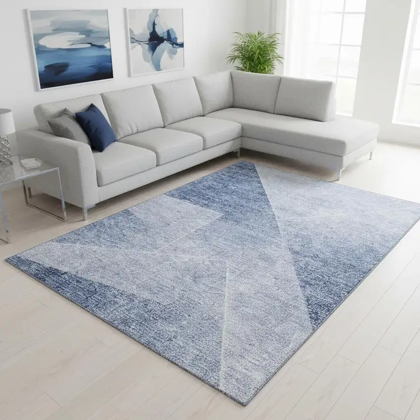 Blue And Ivory Geometric Washable Area Rug With UV Protection Photo 2
