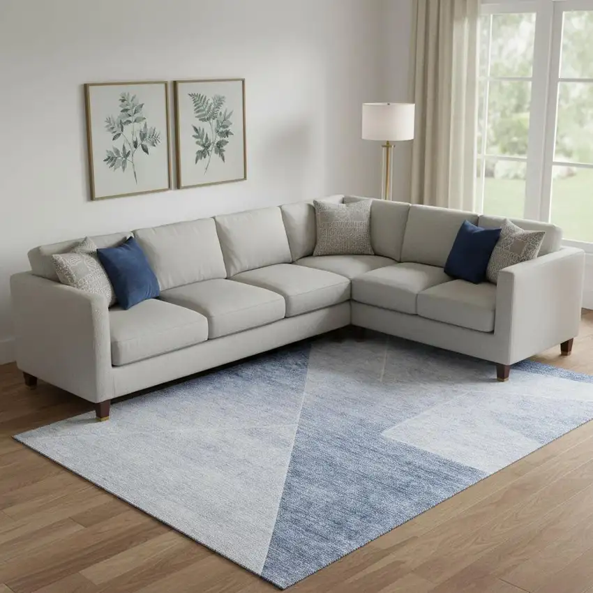 Blue And Ivory Geometric Washable Area Rug With UV Protection Photo 1