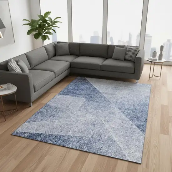 Blue And Ivory Geometric Washable Area Rug With UV Protection Photo 2