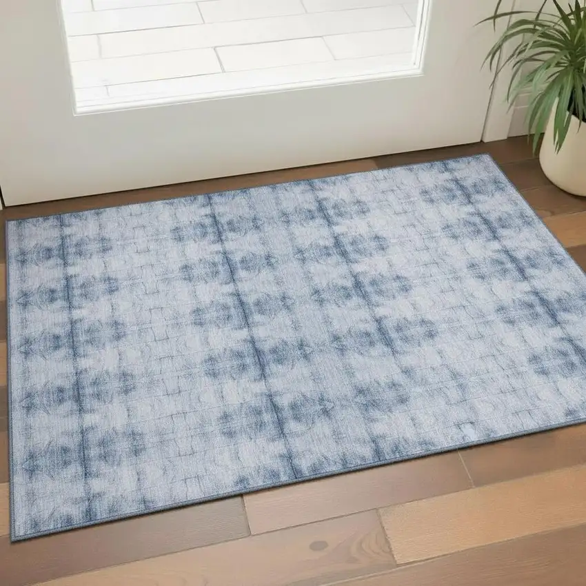 Blue And Ivory Geometric Washable Area Rug With UV Protection Photo 1