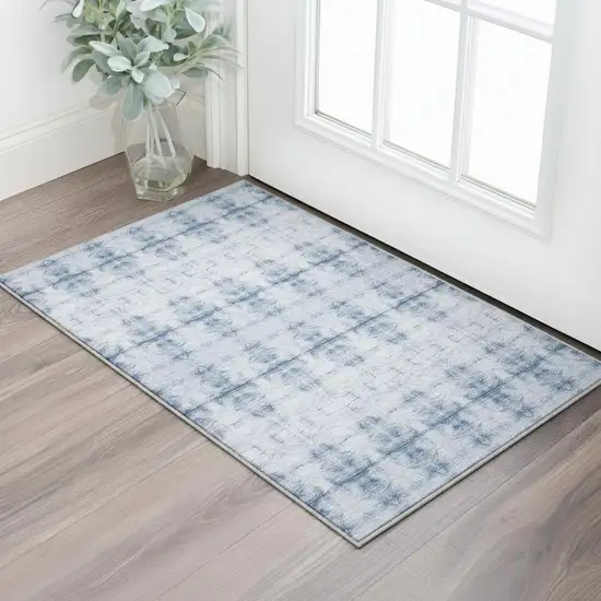 Blue And Ivory Geometric Washable Area Rug With UV Protection Photo 2