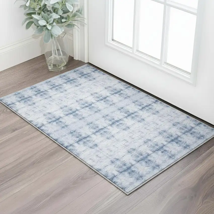Blue And Ivory Geometric Washable Area Rug With UV Protection Photo 2