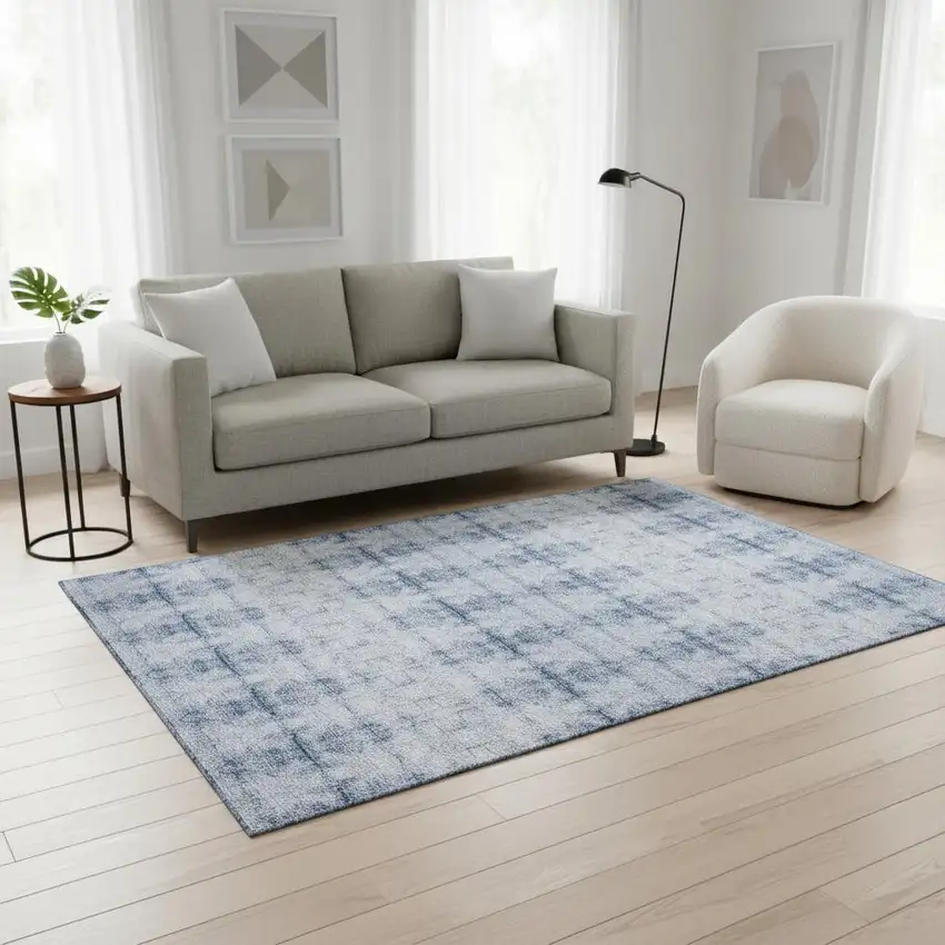 Blue And Ivory Geometric Washable Area Rug With UV Protection Photo 2