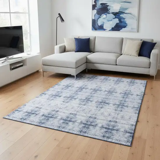 Blue And Ivory Geometric Washable Area Rug With UV Protection Photo 2
