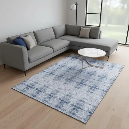 Blue And Ivory Geometric Washable Area Rug With UV Protection Photo 2