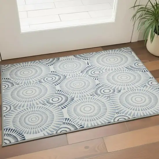 Blue And Ivory Geometric Washable Area Rug With UV Protection Photo 2