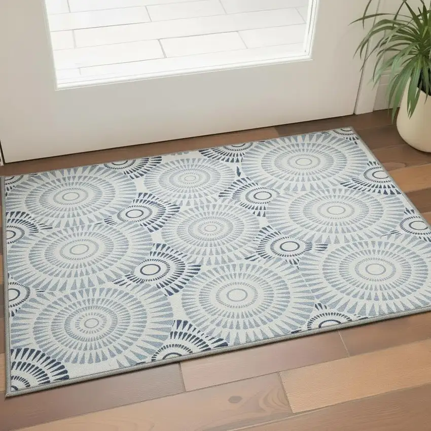 Blue And Ivory Geometric Washable Area Rug With UV Protection Photo 2