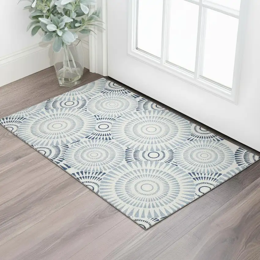 Blue And Ivory Geometric Washable Area Rug With UV Protection Photo 1