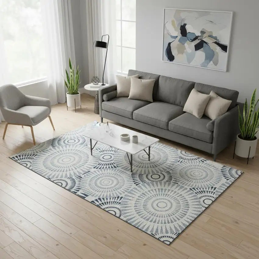 Blue And Ivory Geometric Washable Area Rug With UV Protection Photo 2