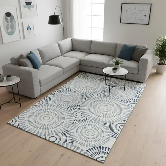 Blue And Ivory Geometric Washable Area Rug With UV Protection Photo 2
