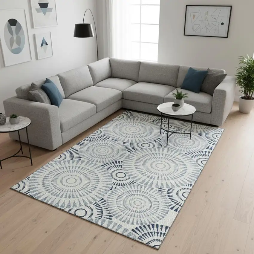 Blue And Ivory Geometric Washable Area Rug With UV Protection Photo 2