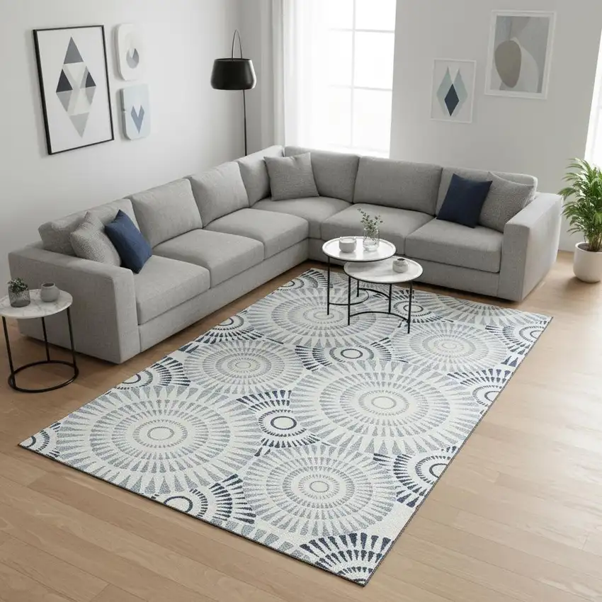 Blue And Ivory Geometric Washable Area Rug With UV Protection Photo 2