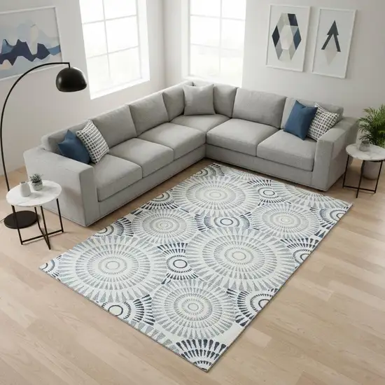 Blue And Ivory Geometric Washable Area Rug With UV Protection Photo 2