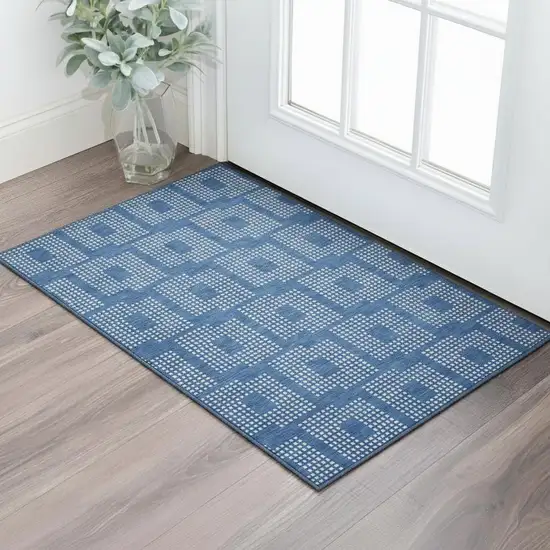 Blue And Ivory Geometric Washable Area Rug With UV Protection Photo 1