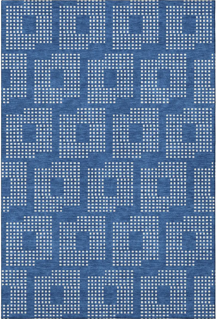 Blue And Ivory Geometric Washable Area Rug With UV Protection Photo 3