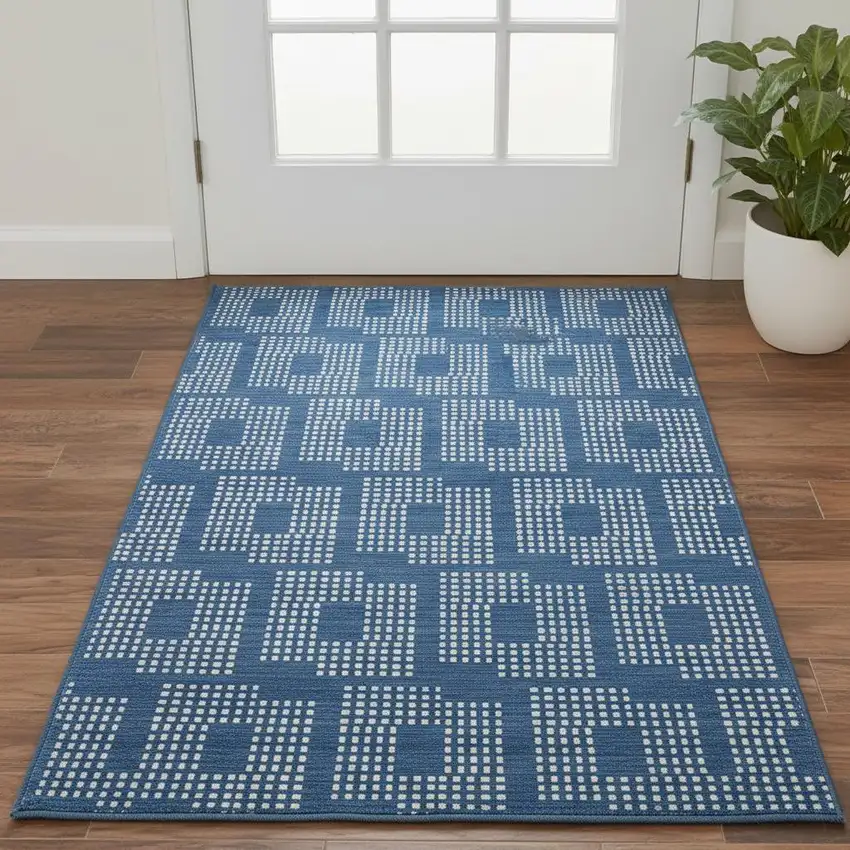 Blue And Ivory Geometric Washable Area Rug With UV Protection Photo 2