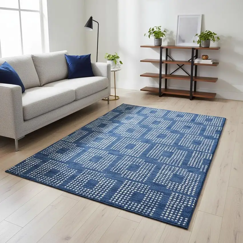 Blue And Ivory Geometric Washable Area Rug With UV Protection Photo 2