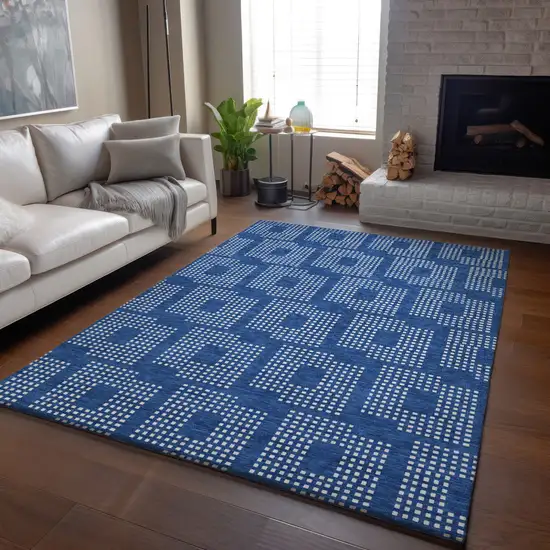 Blue And Ivory Geometric Washable Area Rug With UV Protection Photo 5