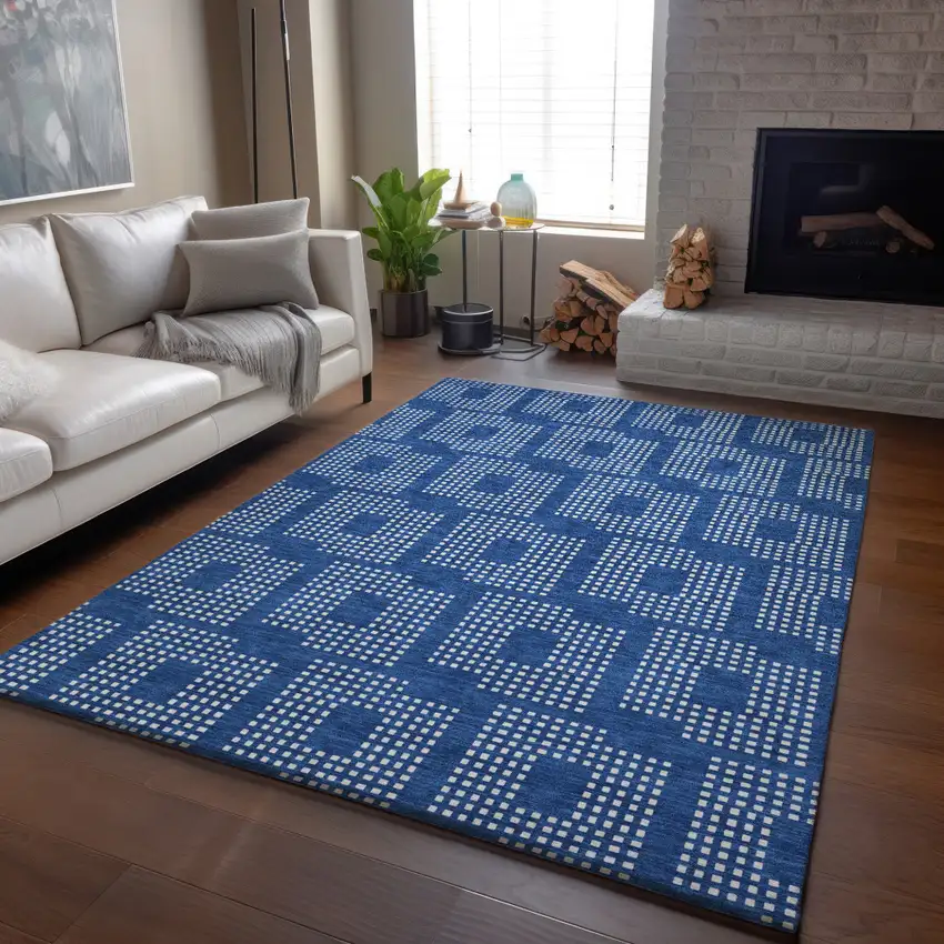 Blue And Ivory Geometric Washable Area Rug With UV Protection Photo 5