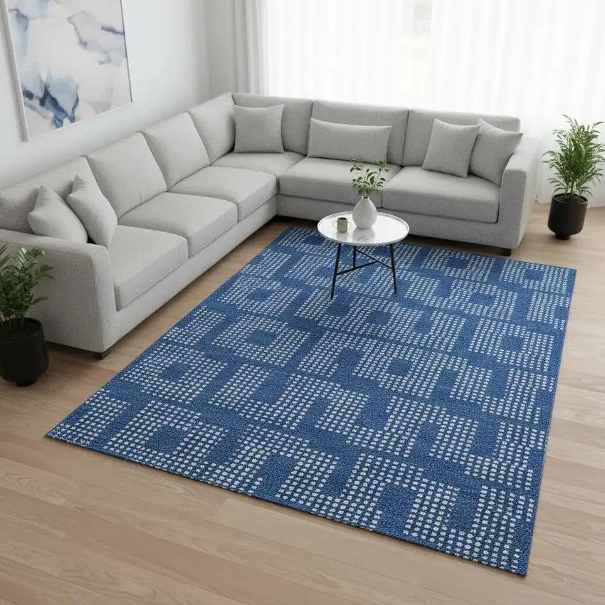Blue And Ivory Geometric Washable Area Rug With UV Protection Photo 2