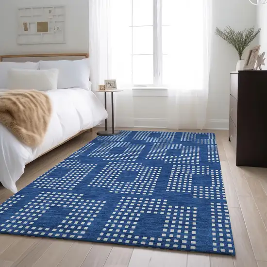 Blue And Ivory Geometric Washable Area Rug With UV Protection Photo 5