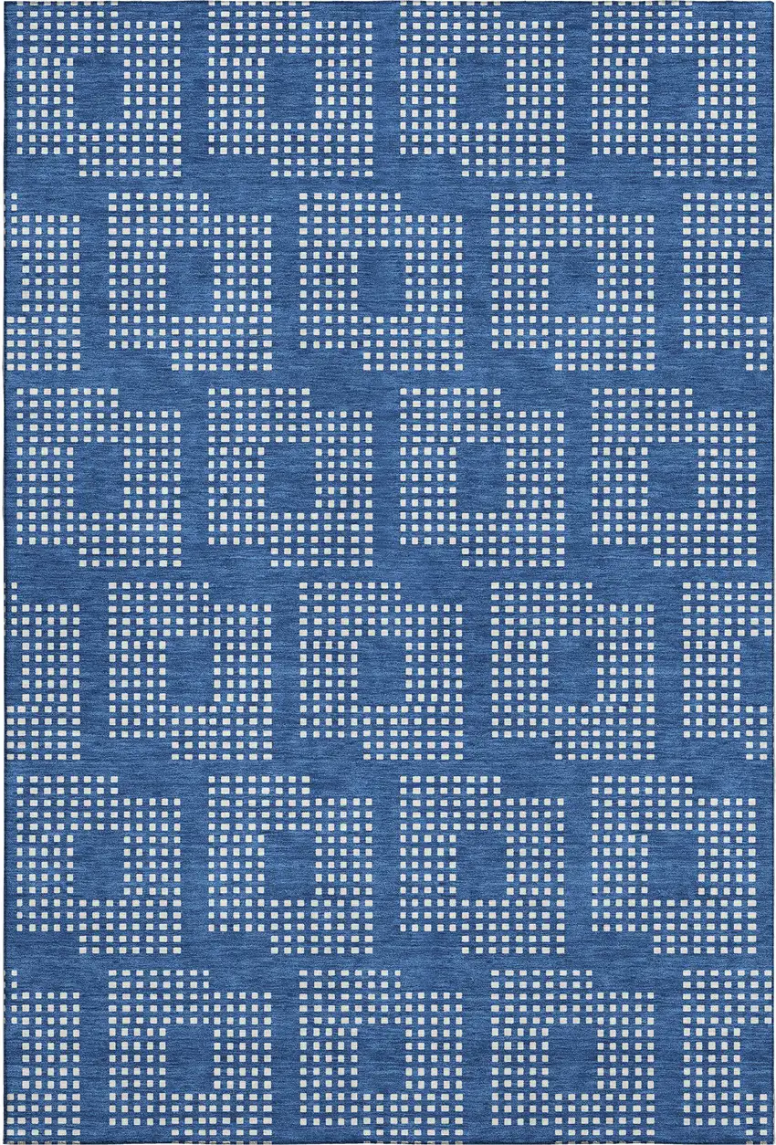 Blue And Ivory Geometric Washable Area Rug With UV Protection Photo 1