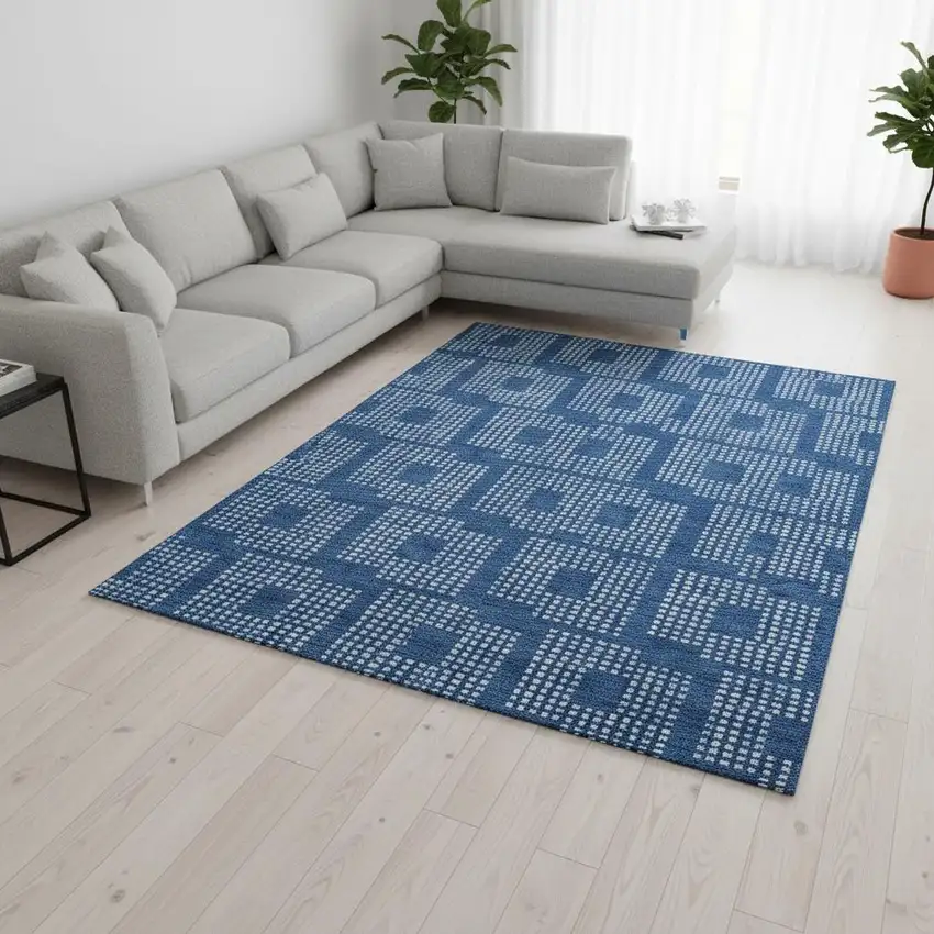 Blue And Ivory Geometric Washable Area Rug With UV Protection Photo 2