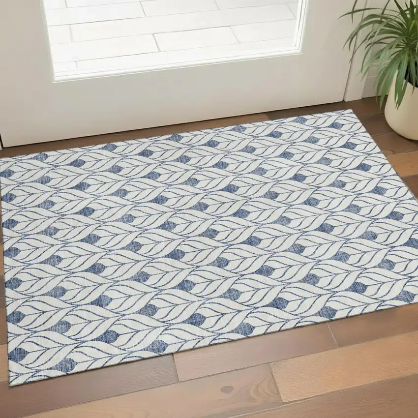 Blue And Ivory Geometric Washable Area Rug With UV Protection Photo 1