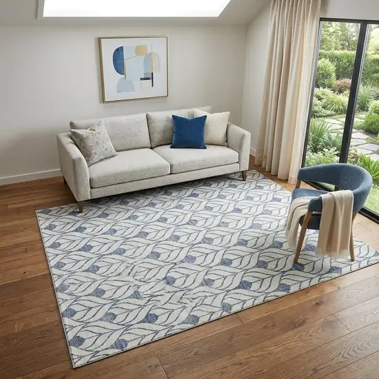 Blue And Ivory Geometric Washable Area Rug With UV Protection Photo 1