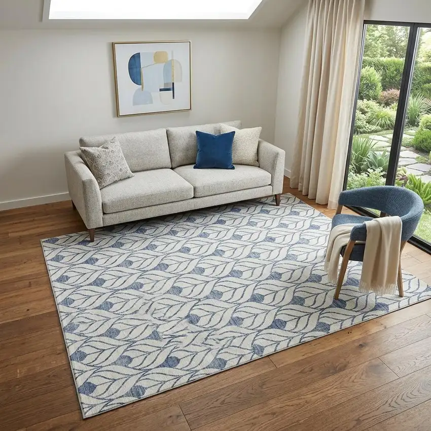 Blue And Ivory Geometric Washable Area Rug With UV Protection Photo 1