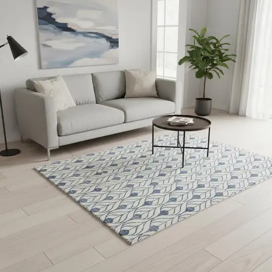 Blue And Ivory Geometric Washable Area Rug With UV Protection Photo 2