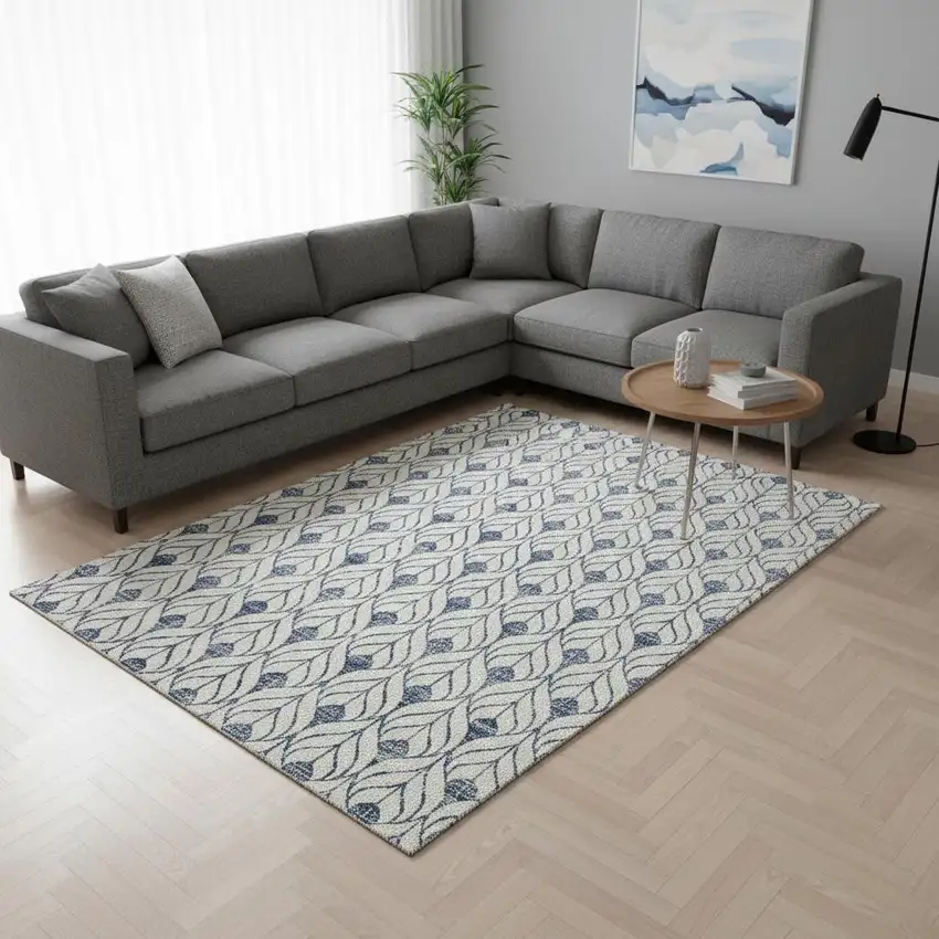 Blue And Ivory Geometric Washable Area Rug With UV Protection Photo 2