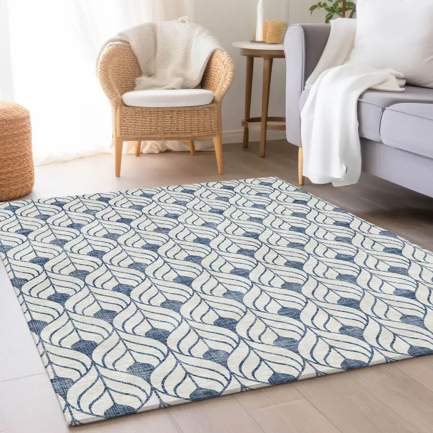 Blue And Ivory Geometric Washable Area Rug With UV Protection Photo 4