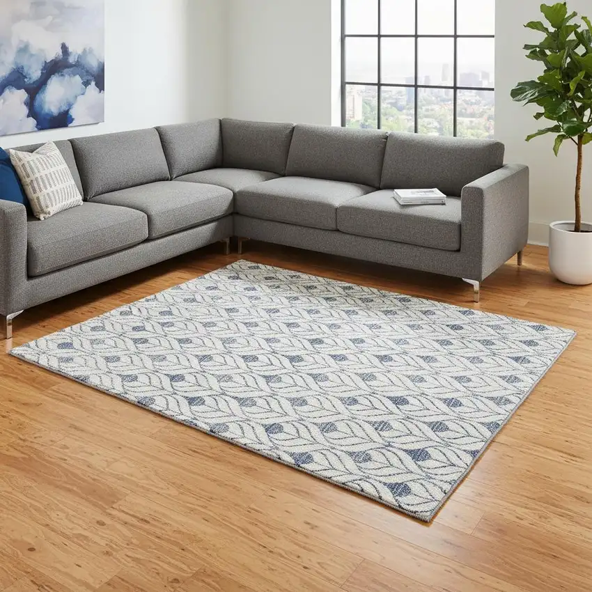 Blue And Ivory Geometric Washable Area Rug With UV Protection Photo 2