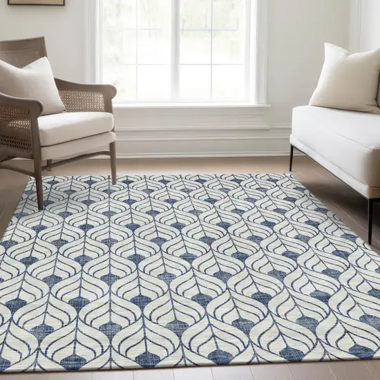 Blue And Ivory Geometric Washable Area Rug With UV Protection Photo 4