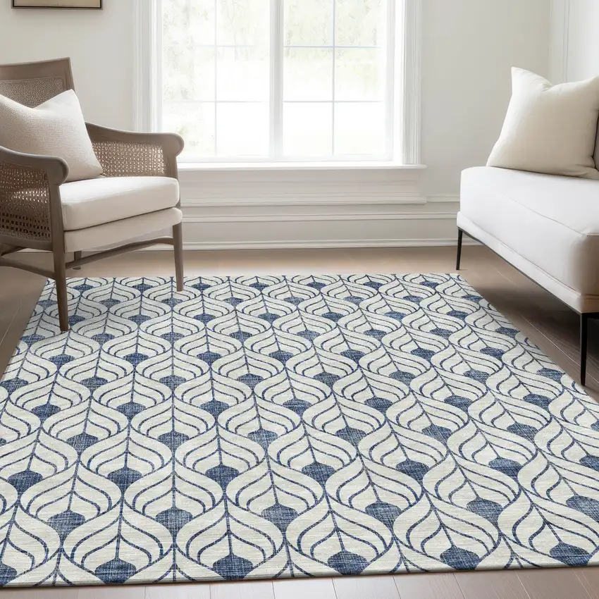 Blue And Ivory Geometric Washable Area Rug With UV Protection Photo 4