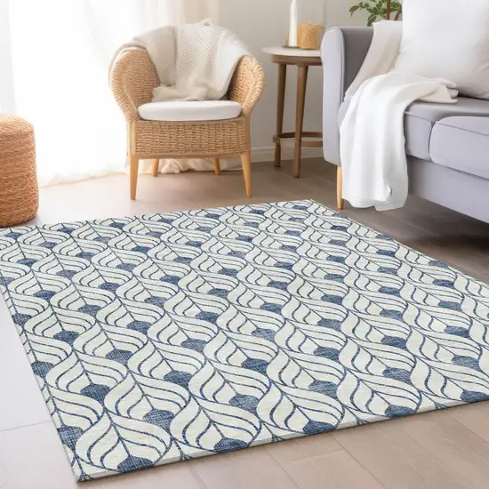 Blue And Ivory Geometric Washable Area Rug With UV Protection Photo 3