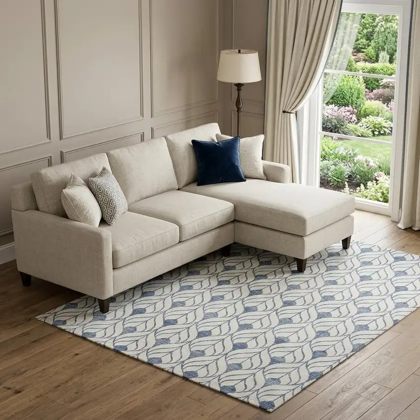 Blue And Ivory Geometric Washable Area Rug With UV Protection Photo 1