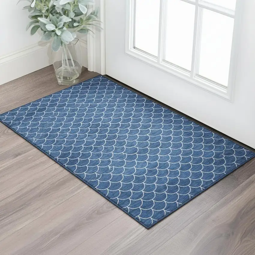 Blue And Ivory Geometric Washable Area Rug With UV Protection Photo 1