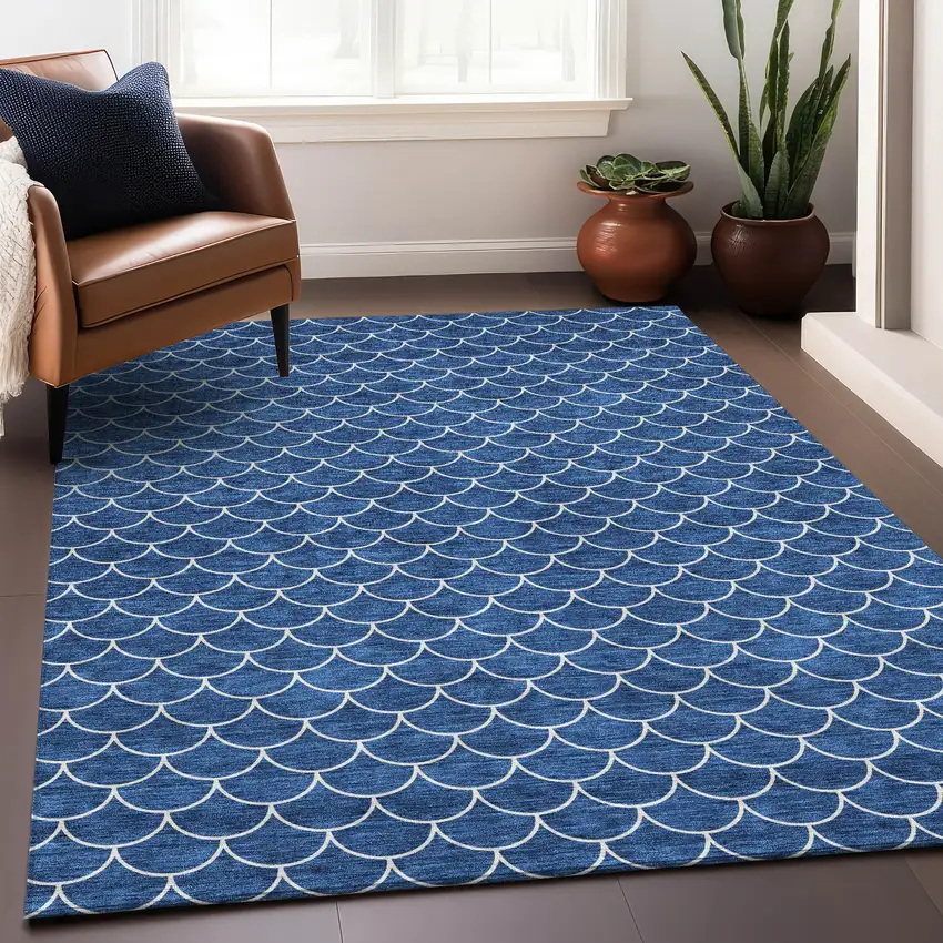Blue And Ivory Geometric Washable Area Rug With UV Protection Photo 3