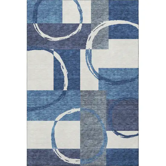 Blue And Ivory Geometric Washable Area Rug With UV Protection Photo 3