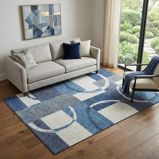 Blue And Ivory Geometric Washable Area Rug With UV Protection Photo 1