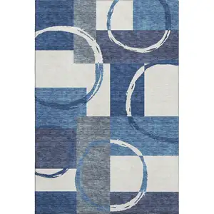 Photo of Blue And Ivory Geometric Washable Area Rug With UV Protection
